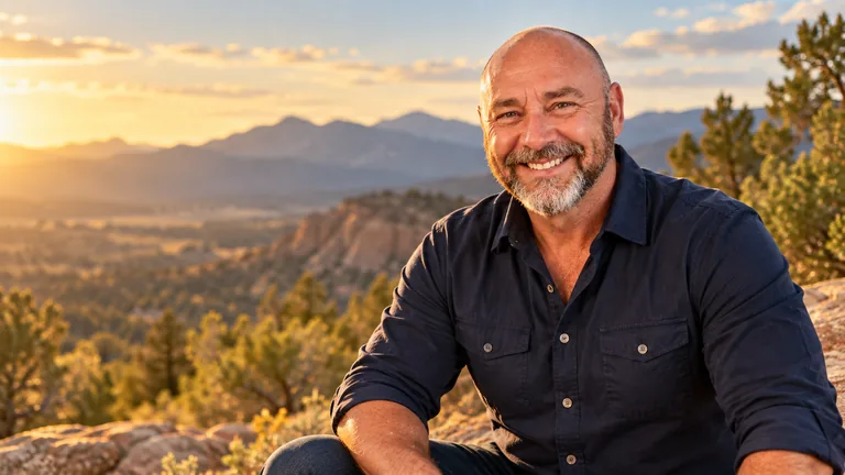 Matthew Moody seated on a rocky mountainside at golden hour, smiling, with the valley and distant peaks behind him